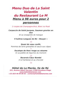 Menu Duo de La Saint Valentin 2019, Hôtel de La Marée, Ile de Ré